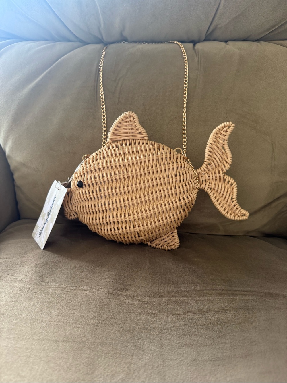 Tommy Bahama Woven Fish Shoulder Bag in Natural Tan with Gold tone Chain